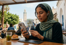 امرأة مغربية تركز في استخدام هاتف ذكي ذي تصميم مستقبلي (شفاف جزئياً).