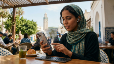 امرأة مغربية تركز في استخدام هاتف ذكي ذي تصميم مستقبلي (شفاف جزئياً).