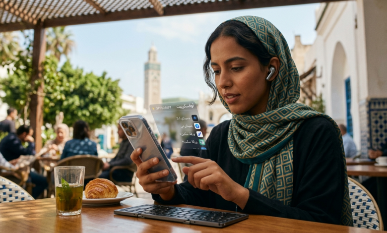 امرأة مغربية تركز في استخدام هاتف ذكي ذي تصميم مستقبلي (شفاف جزئياً).