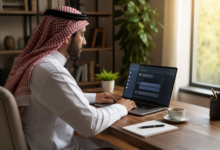 A modern Arab professional sitting at a minimalist desk
