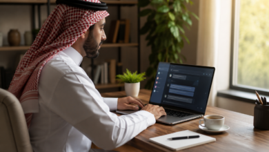 A modern Arab professional sitting at a minimalist desk