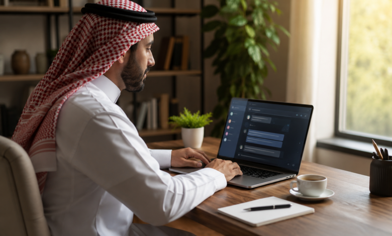 A modern Arab professional sitting at a minimalist desk